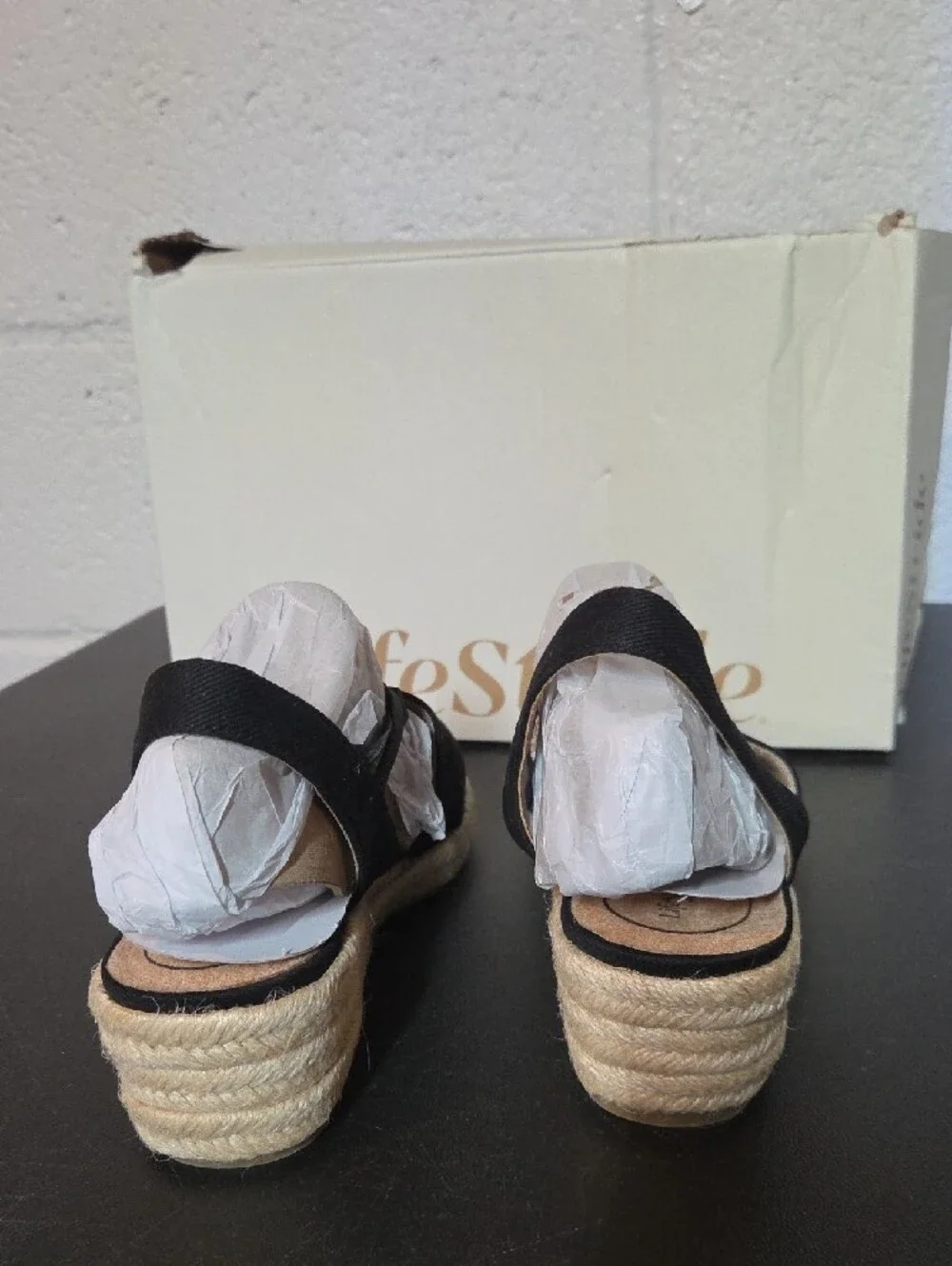 Life Stride Black Canvas Espadrille Slingback Wedge
